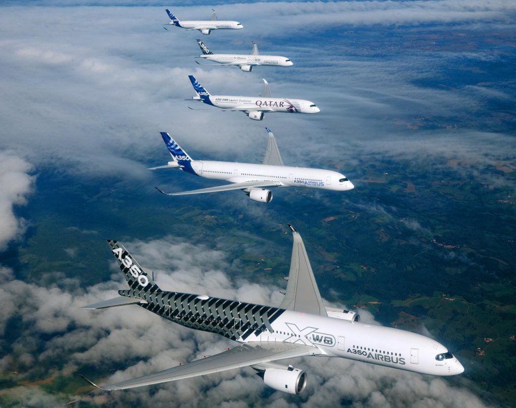 Vuelo en formación de cinco Airbus A350-900