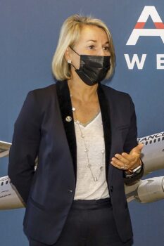 Anne Rigail durante su intervención en la celebración del vuelo inaugural del Airbus A220 de Air France a Madrid.