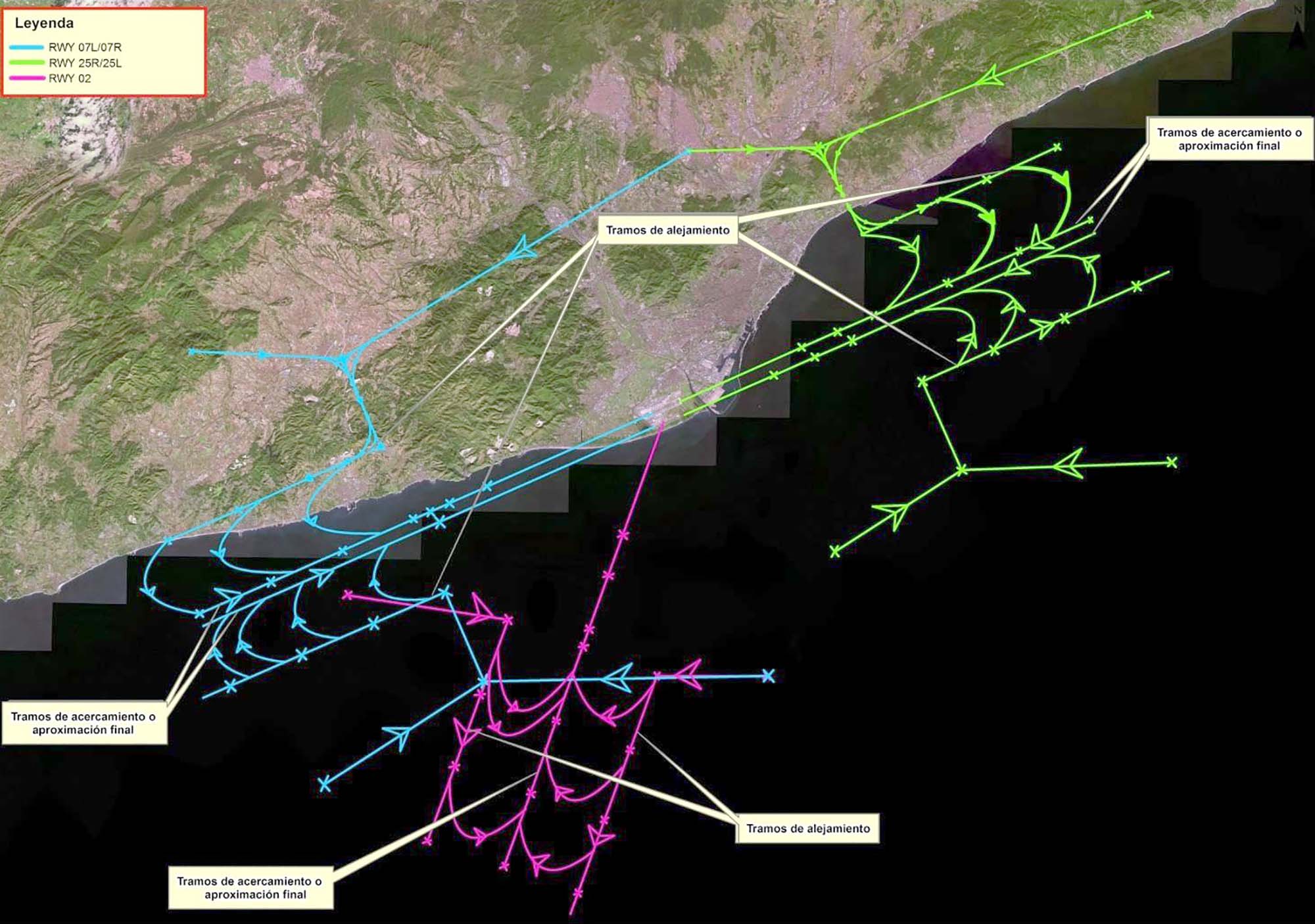 Esquema de las nuevas aproximaciones al aeropuerto de Barcelona.