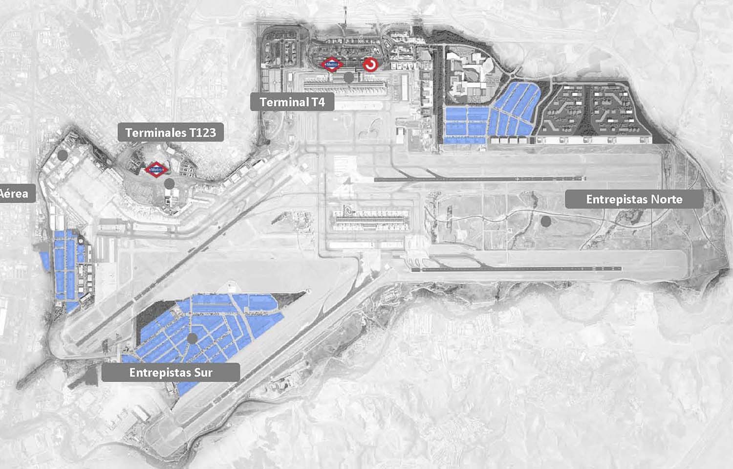 En azul los tres nuevos polos logísticos en el aeropuerto de Madrid-Barajas.q