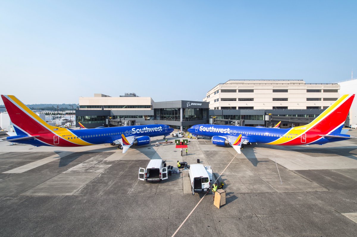 Dos Boeing 737 MAX de Southwest en el centro de entregas de Boeing.