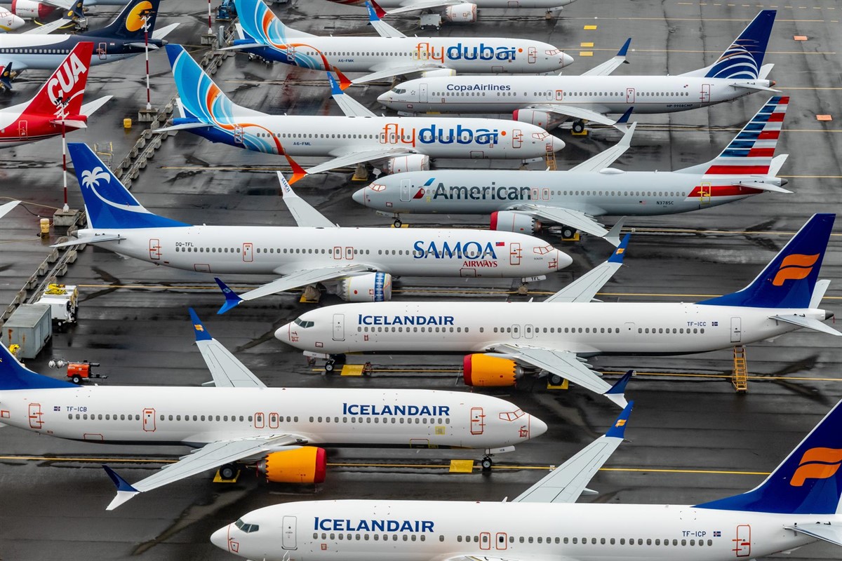 Aviones Boeing 737 MAX almcenados en la factoría de Boeing.