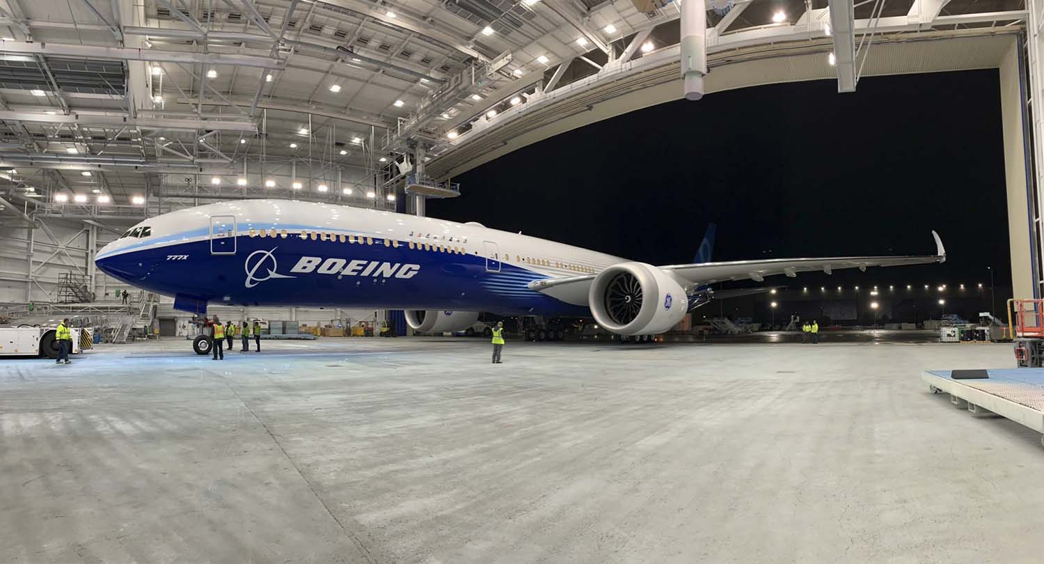El prototipo del Boeing 777-9, cuyo primer vuelo sigue retrasándose.