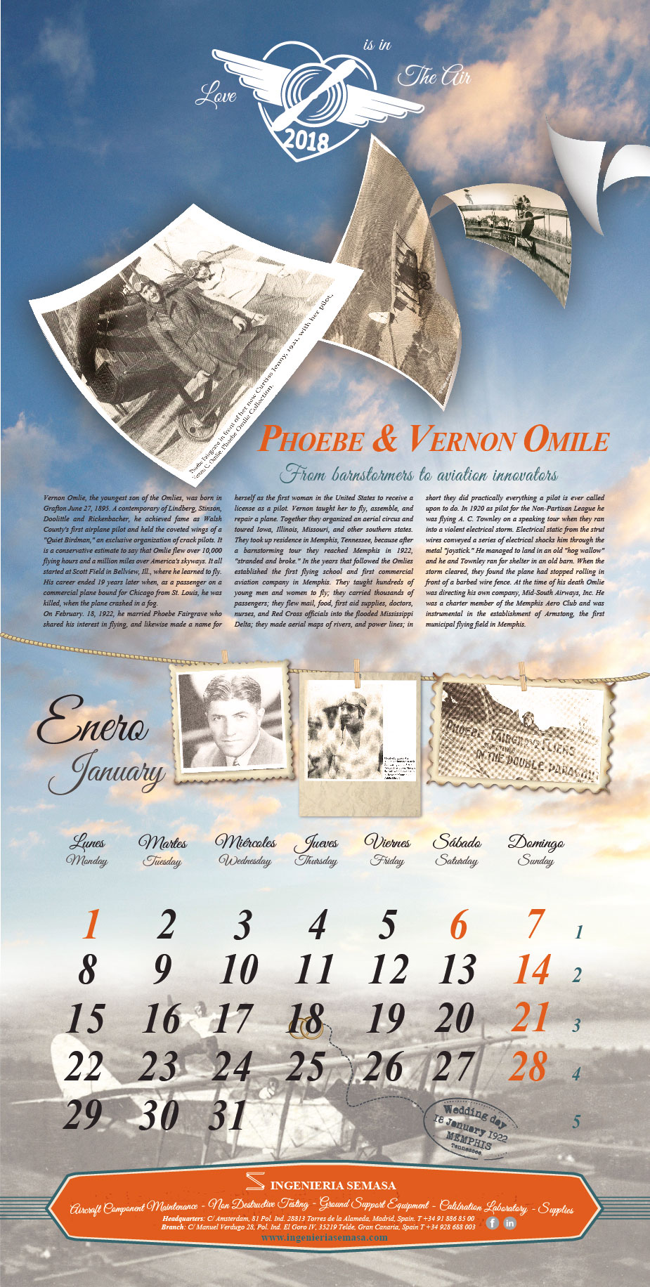 Este año Ingeniería Semasa dedica su calendario a matrimonios que contribuyeron al desarrollo de la aviación.