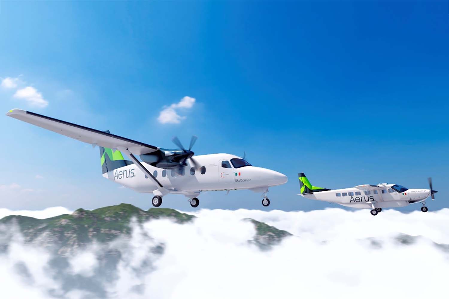 Ilustración de un Cessna Skycourier y un Caravan con colores dee Aerus.