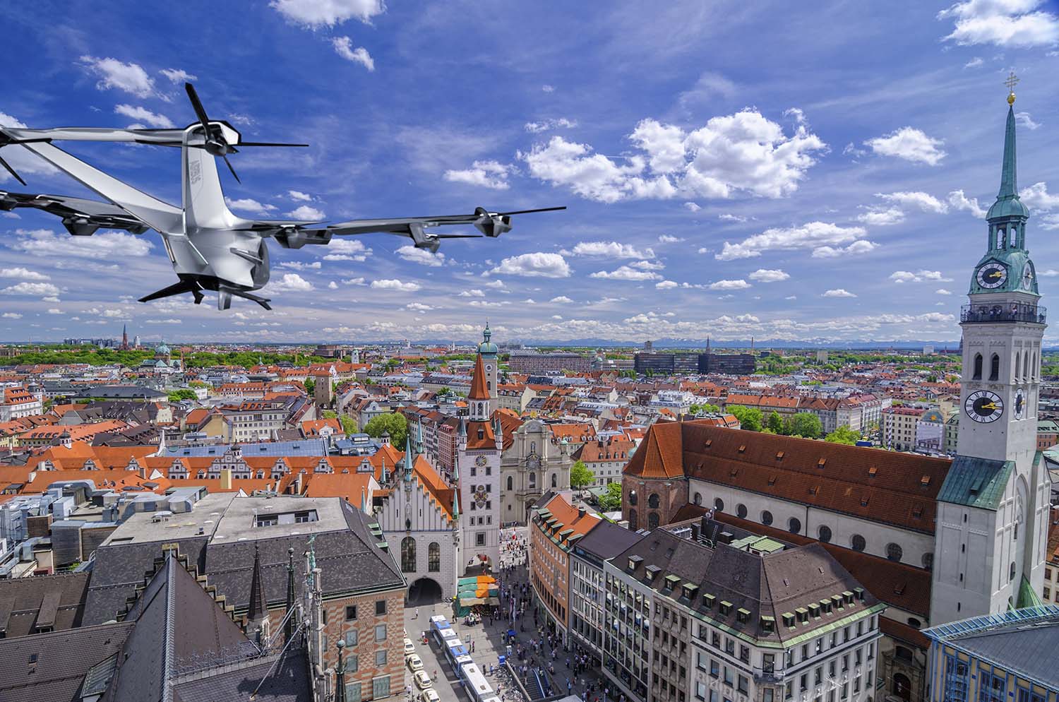 Ilustaración de un CityAirbus sobrevolando la ciudad de Munich.