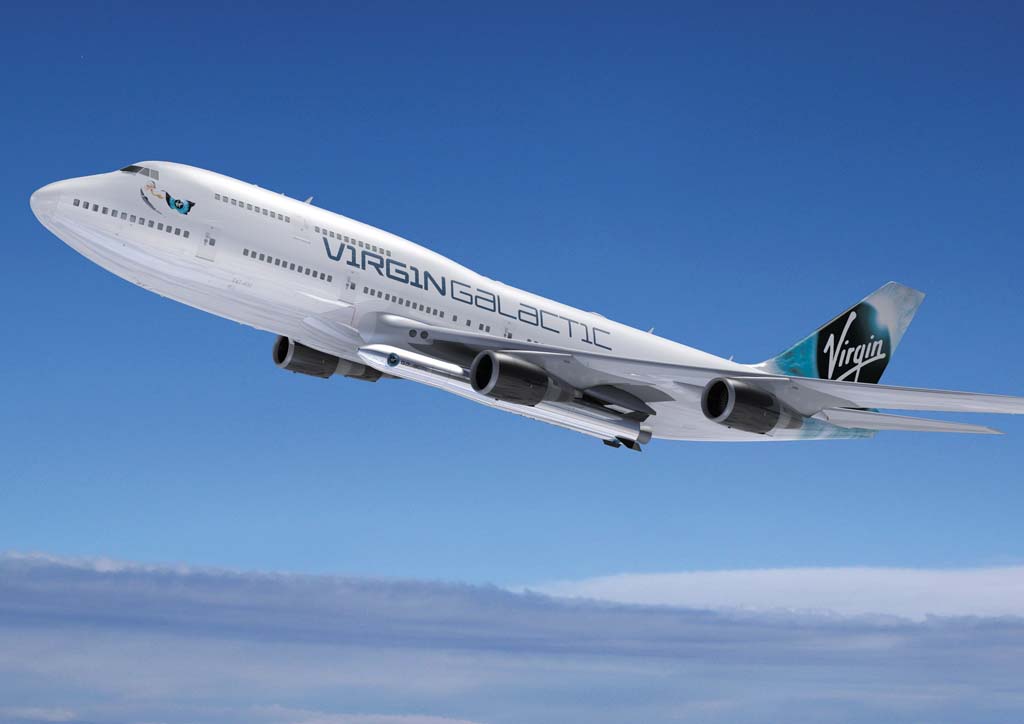Ilustración del Boeing 747-400 Cosmic Girl con colores de Virgin Galactic y portando un cohete LauncherOne bajo el ala.