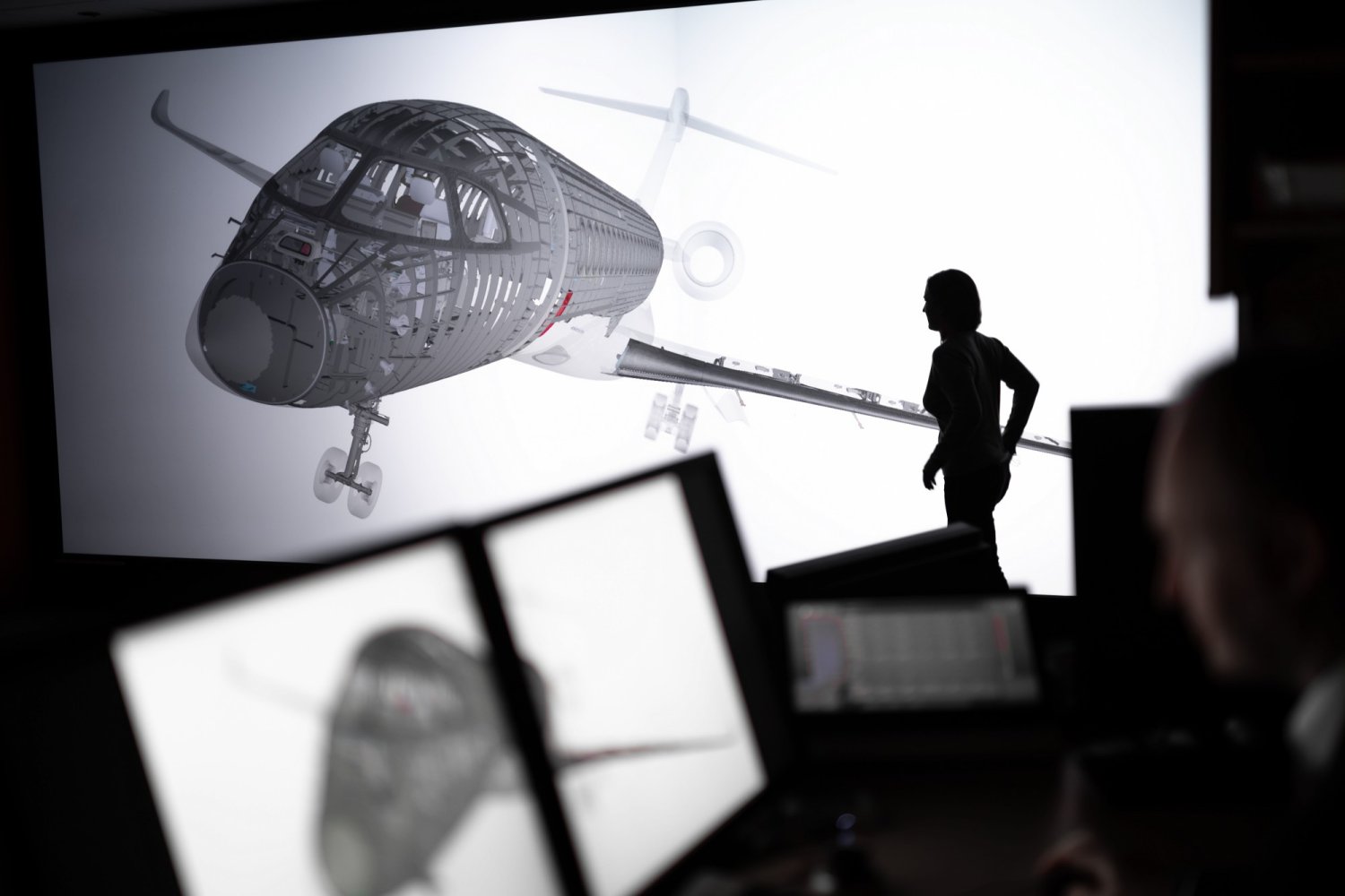 Modelo digital del Dassault Falcon 10X con su tren de aterrizaje que diseñará y fabricará Héroux-Devtek.