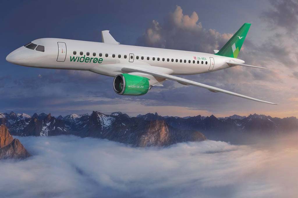 la última imagen difundida por Embraer de un E190-E2 de Wideroe para anunciar la fecha de entrega incluye una nueva decoración del avión.