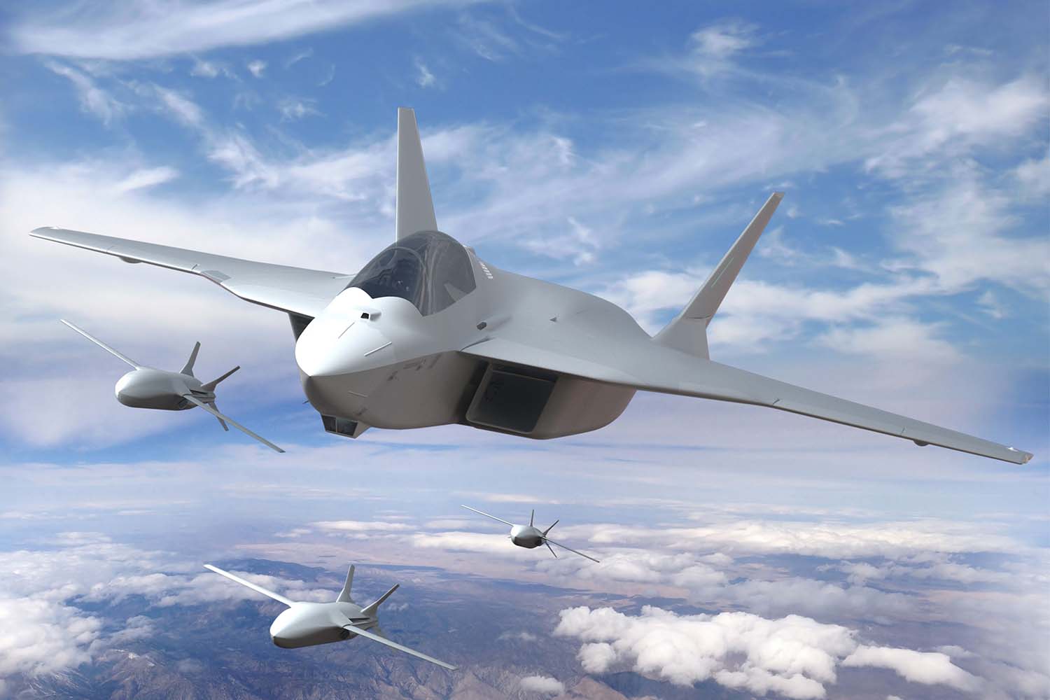 Posible aspecto del NGF, acompañado de algunos UCAV que formarán el NGWS dentro dle programa FCAS.