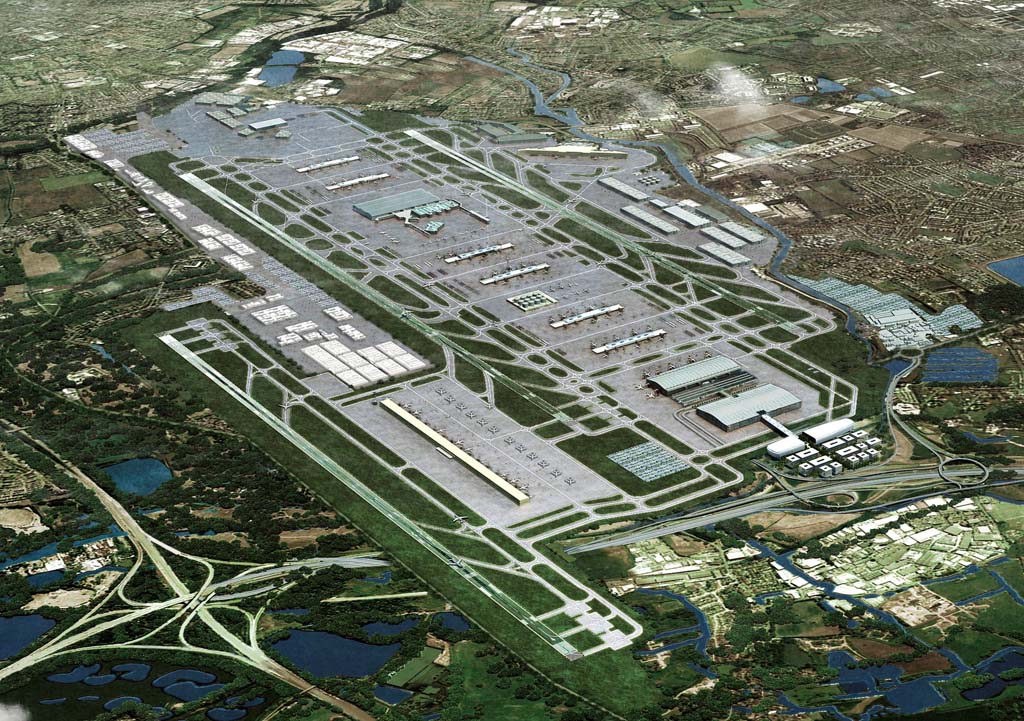 Así podría quedar Heathrow con su tercera pista (en realidad la séptima que tendrá, aunque cuatro de ellas ya no existen como tales) y nuevas plataformas en lo que hoy es Bath Road, donde se ubican muchos de los hoteles del aeropuerto.