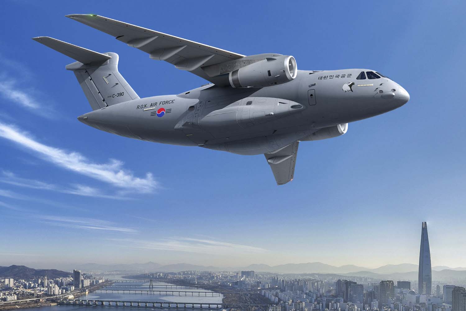 Ilustración del Embraer C-390 con colores de Corea del Sur.