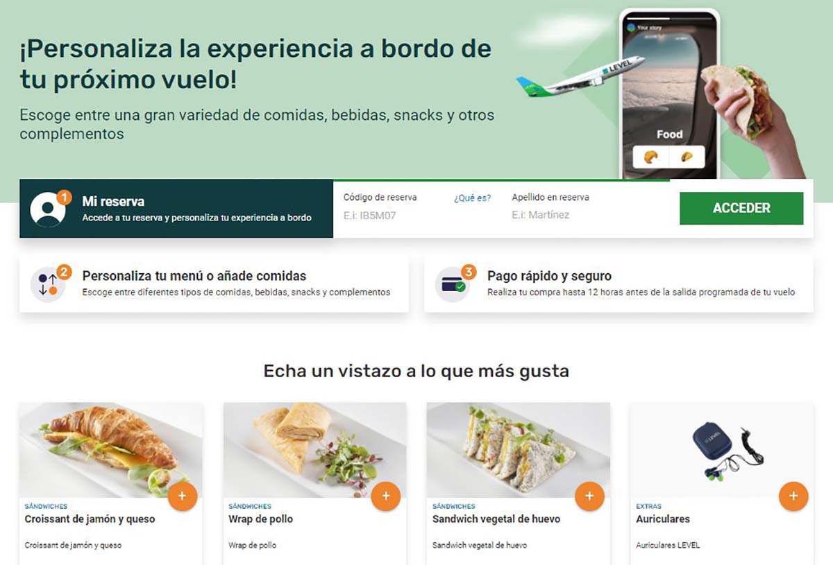 Level ofrece la posibilidad de adquirir la comida para el vuelo on line.