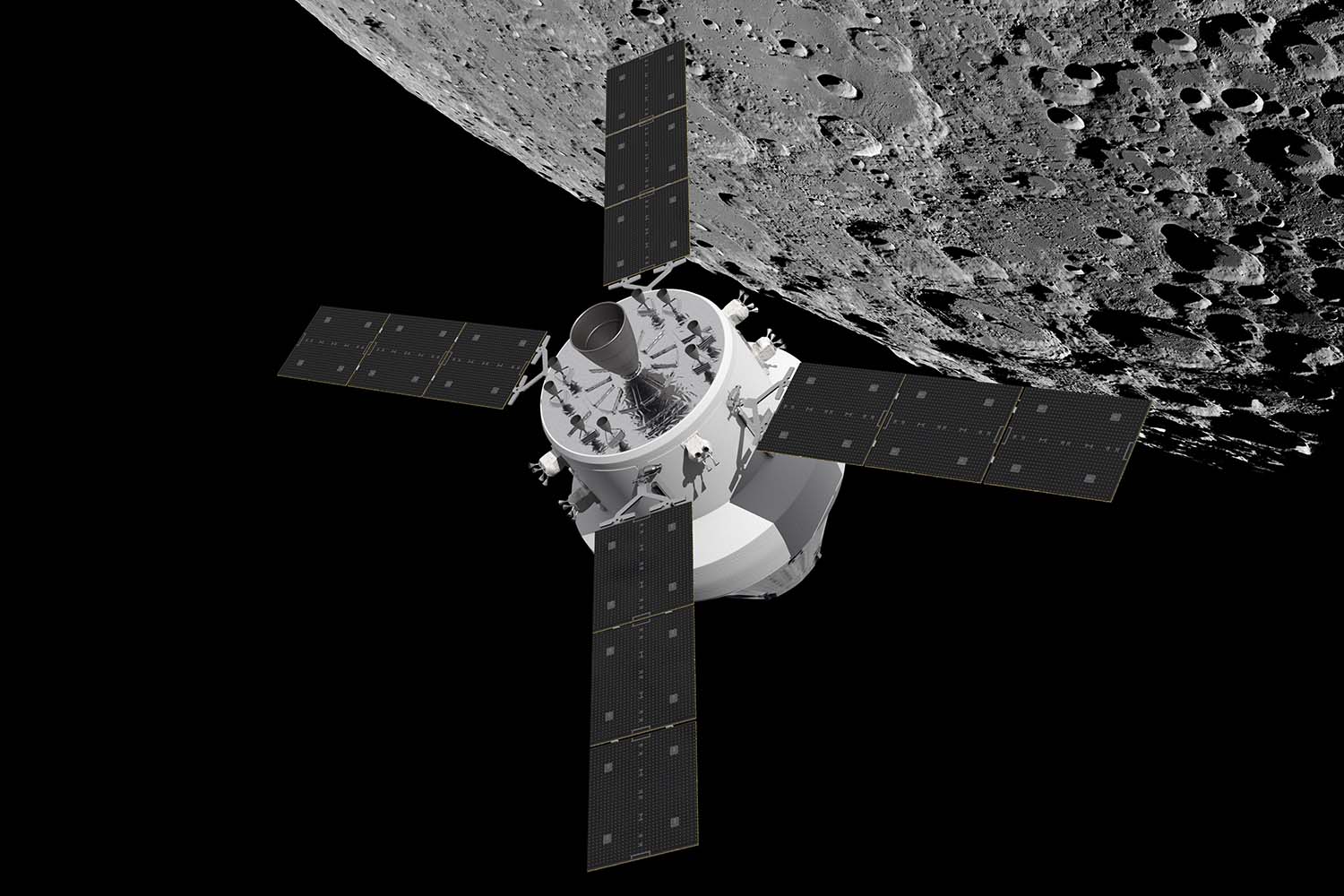 Ilustración que muestra la nave Orion con el módulo de servico, en órnita lunar.