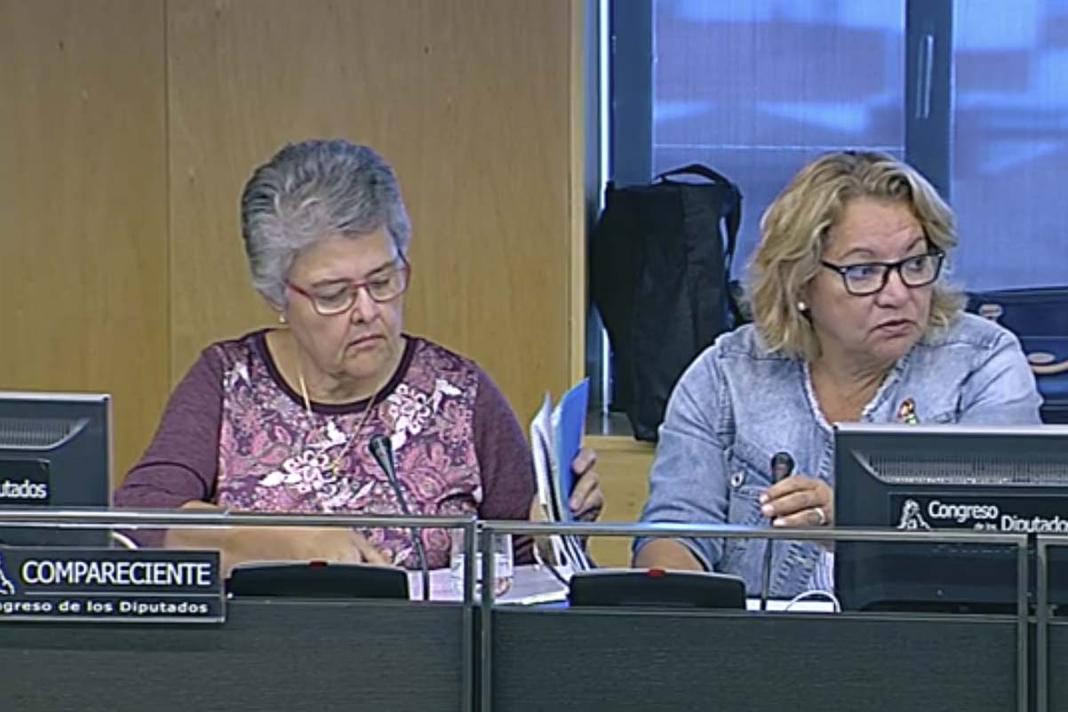 Pilar Vera, presidenta de la Asociación de Afectados del Vuelo JKK5022 (izquierda) durante su intervención en el Congreso de los Diputados.
