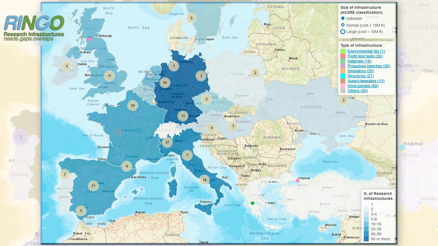 Mapa online generado por el proyectyo RINGO del catálogo de centros tebcnológicos aeronáuticos en Europa.