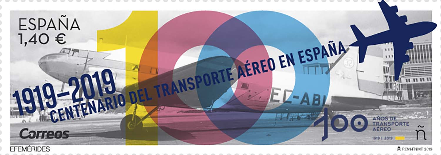 Sello de dedicado por Correos de España al centanario de la aviación comercial en Españ.
