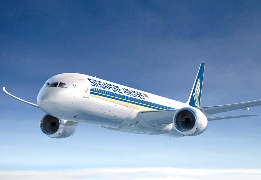 Ilustración de un Boeing 787 con colores de Singapore Airlines.