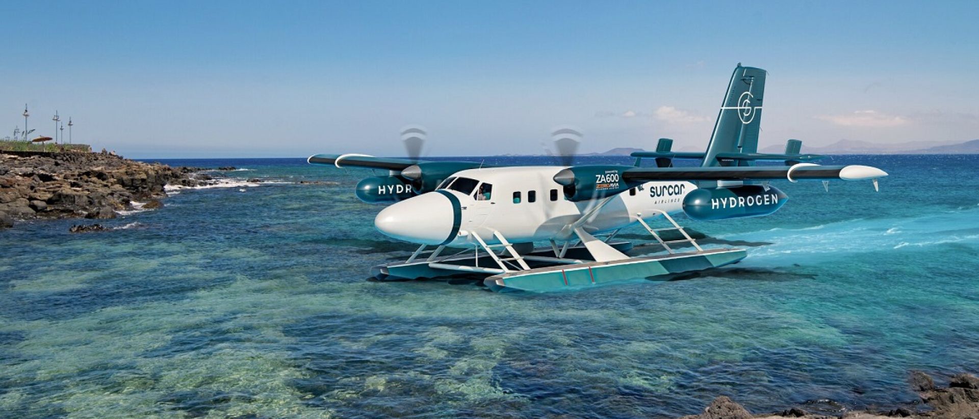 Ilustración de un DHC-6 de Surcar con motores híbridos eléctrico-hidrógeno.
