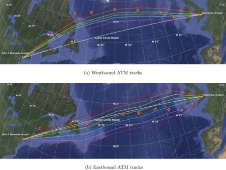 Trayectorias de vuelo sobre el Atlántico el 3 de diciembre de 2019, parte de las usadas en el estudio.