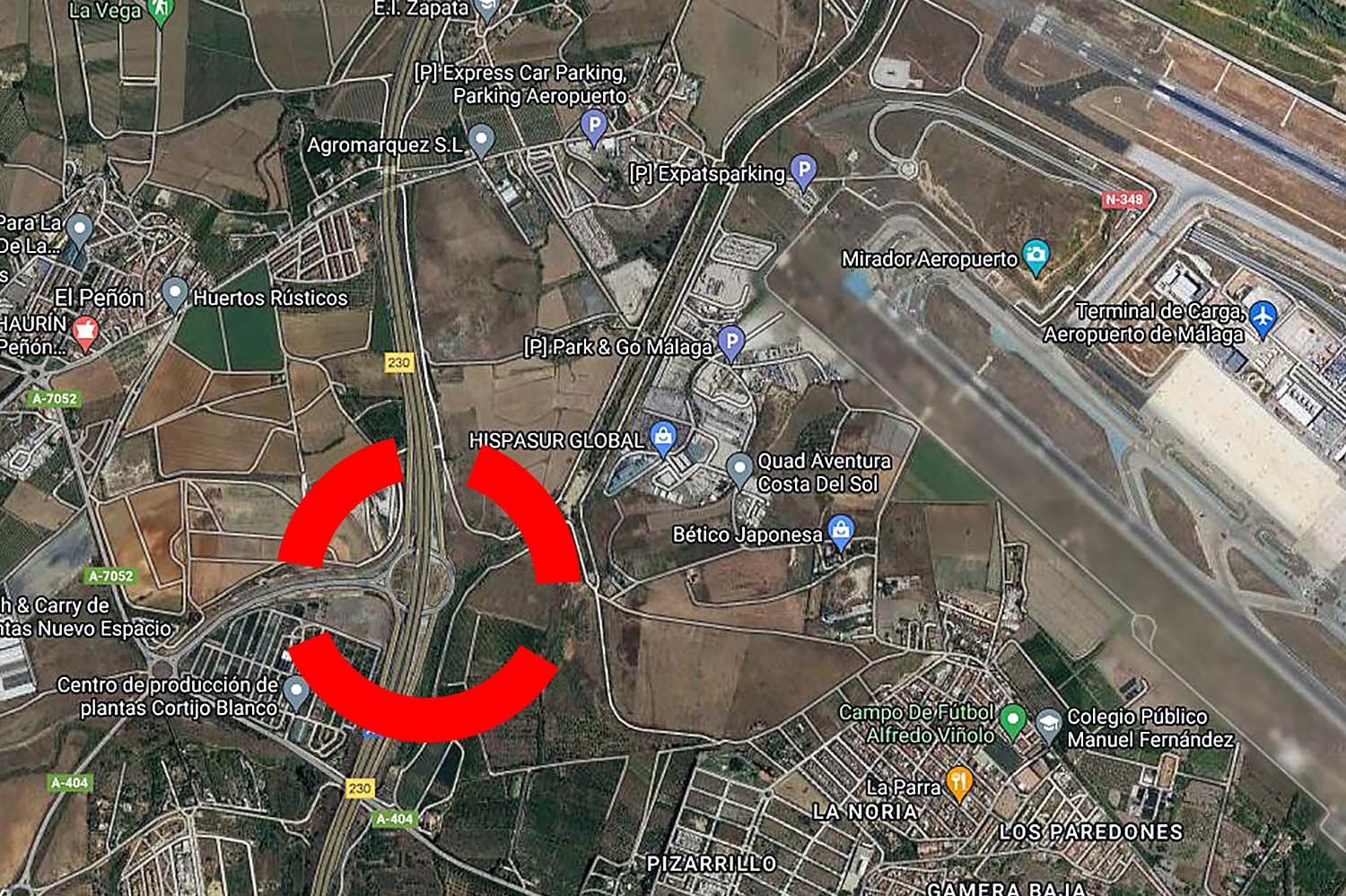 Zona de actuaciones para el nuevo enlace desde la A-7 al aeropuerto de Málaga.
