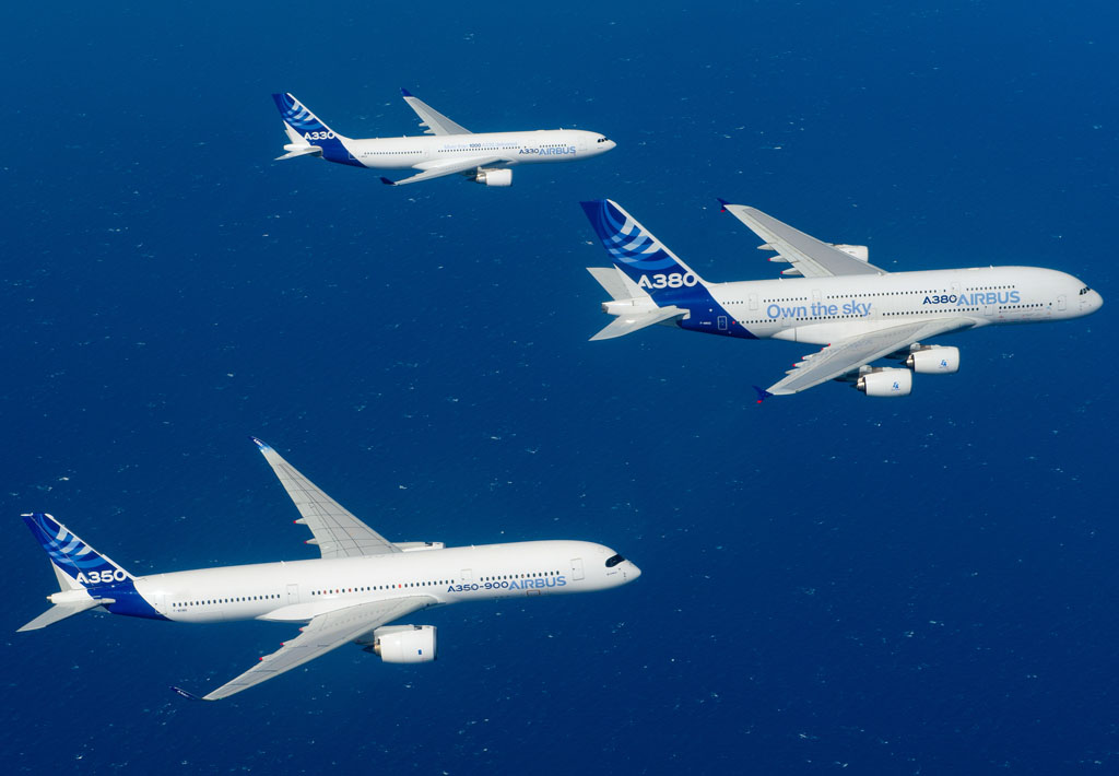 Vuelo en formación de A330, A380 y A350.