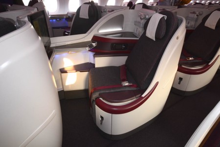 Asiento de clase business del Airbus A380 de Qatar Airways.
