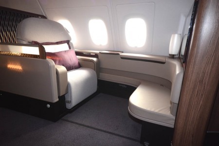 Asiento de primera clase del Airbus A380 de Qatar Airways.