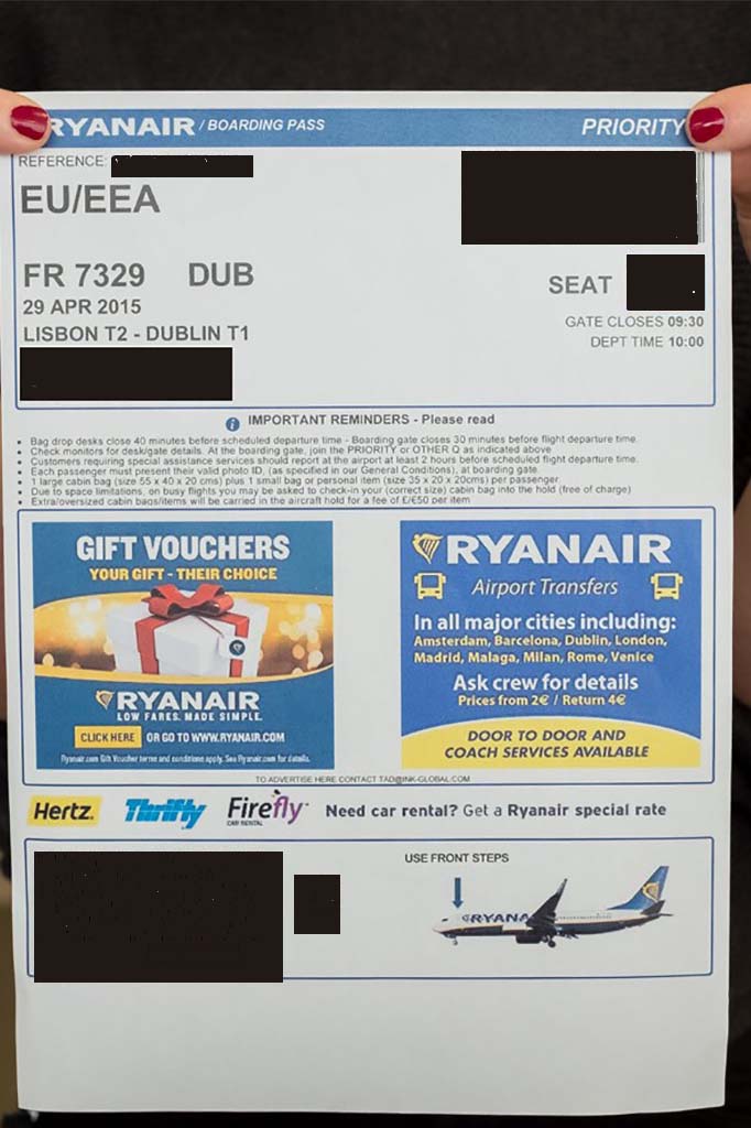 Tarjeta de embarque de Ryanair impresa desde su web.