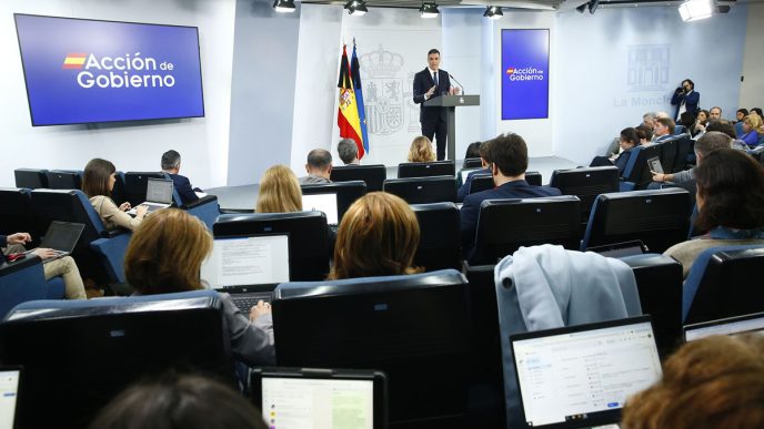 Sánchez durante su rueda de prensa para anunicar el Plan Industrial y Tecnológico para la Seguridad y la Defensa.
