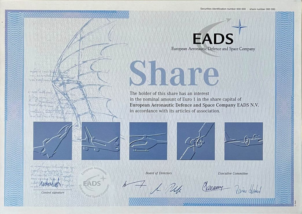 Certificado de acción por valor de 1 euro en la fundacion de EADS.