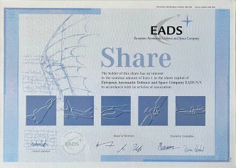 Certificado de acción por valor de 1 euro en la fundacion de EADS.