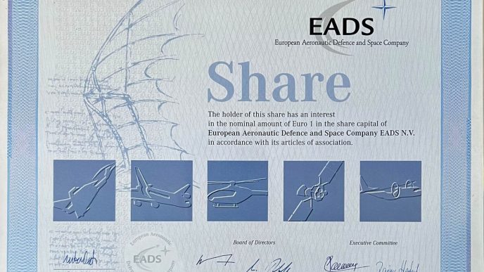 Certificado de acción por valor de 1 euro en la fundacion de EADS.