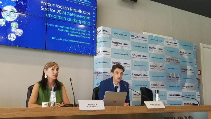 Ricardo Chocarro y Ana Villate durante la presentacióin de los resultados de Hegan en 2024.