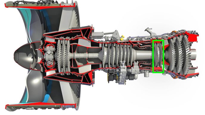 Marcada en verde la zona de la turbina de alta donde va ubicada la pieza responsabilidad de ITP Aero.