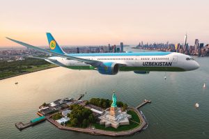 Ilustración de un Boeing 787-9 de Uzbekistan Airways sobre Nueva York.