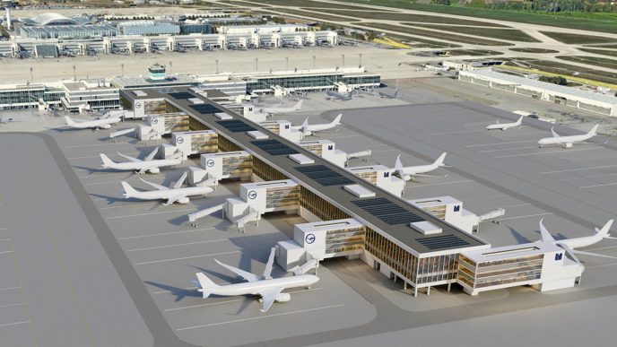 Aspecto que ofrecerá, desde 2035, el satélite de la T2 del aeropuerto de Múnich.